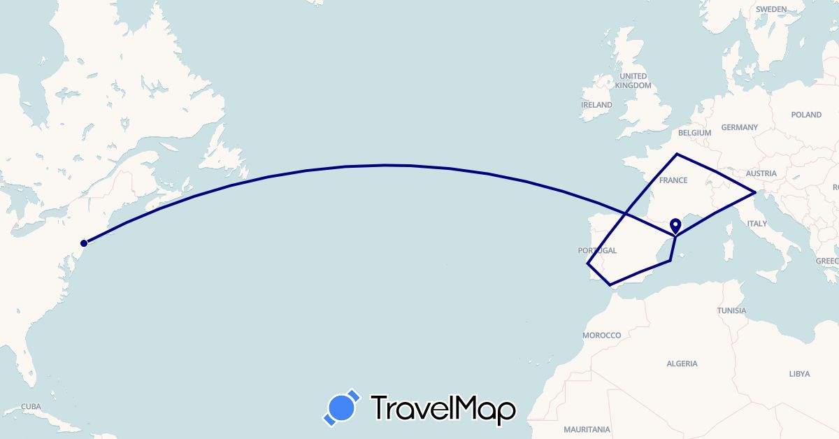 TravelMap itinerary: driving in Spain, France, Italy, Portugal, United States (Europe, North America)